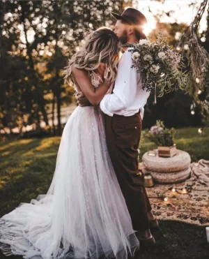 Sexy Deep V Neck Lace Beading Beach Wedding Dress Feature Sweep Train And Soft Tulle Skirt