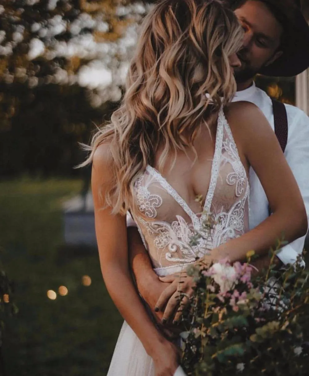 Sexy Deep V Neck Lace Beading Beach Wedding Dress Feature Sweep Train And Soft Tulle Skirt