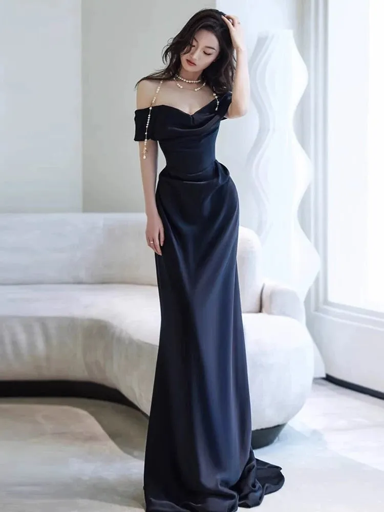 Sexy Sheath Off The Shoulder Navy Blue Satin Floor Length Evening Dresses Prom Dresses