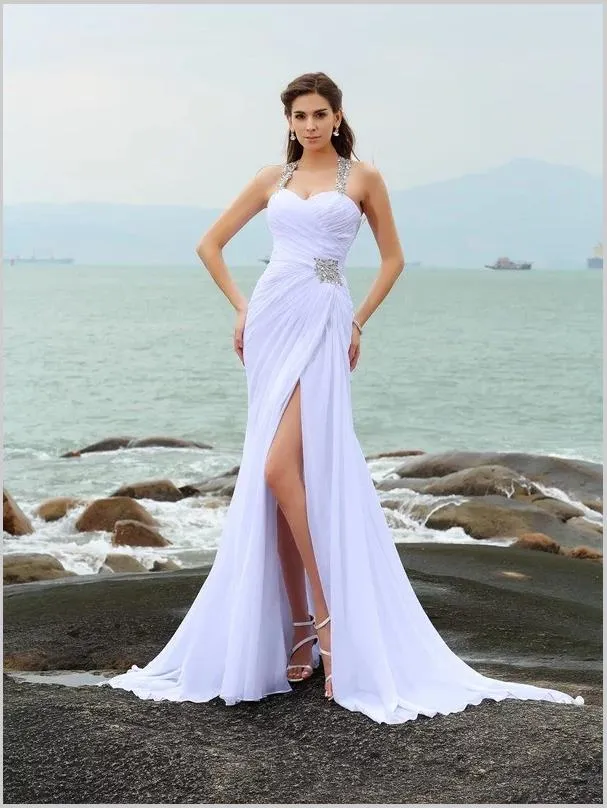 Sheath Chiffon Straps Beading Sleeveless Wedding Dresses With Split