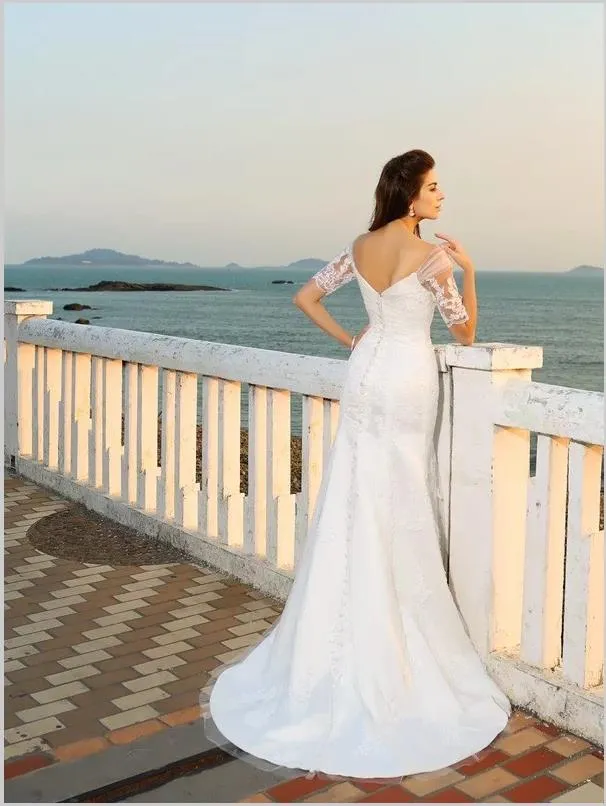 Sweetheart Sheath Satin Applique Wedding Dresses,Short Sleeves Wedding Dresses