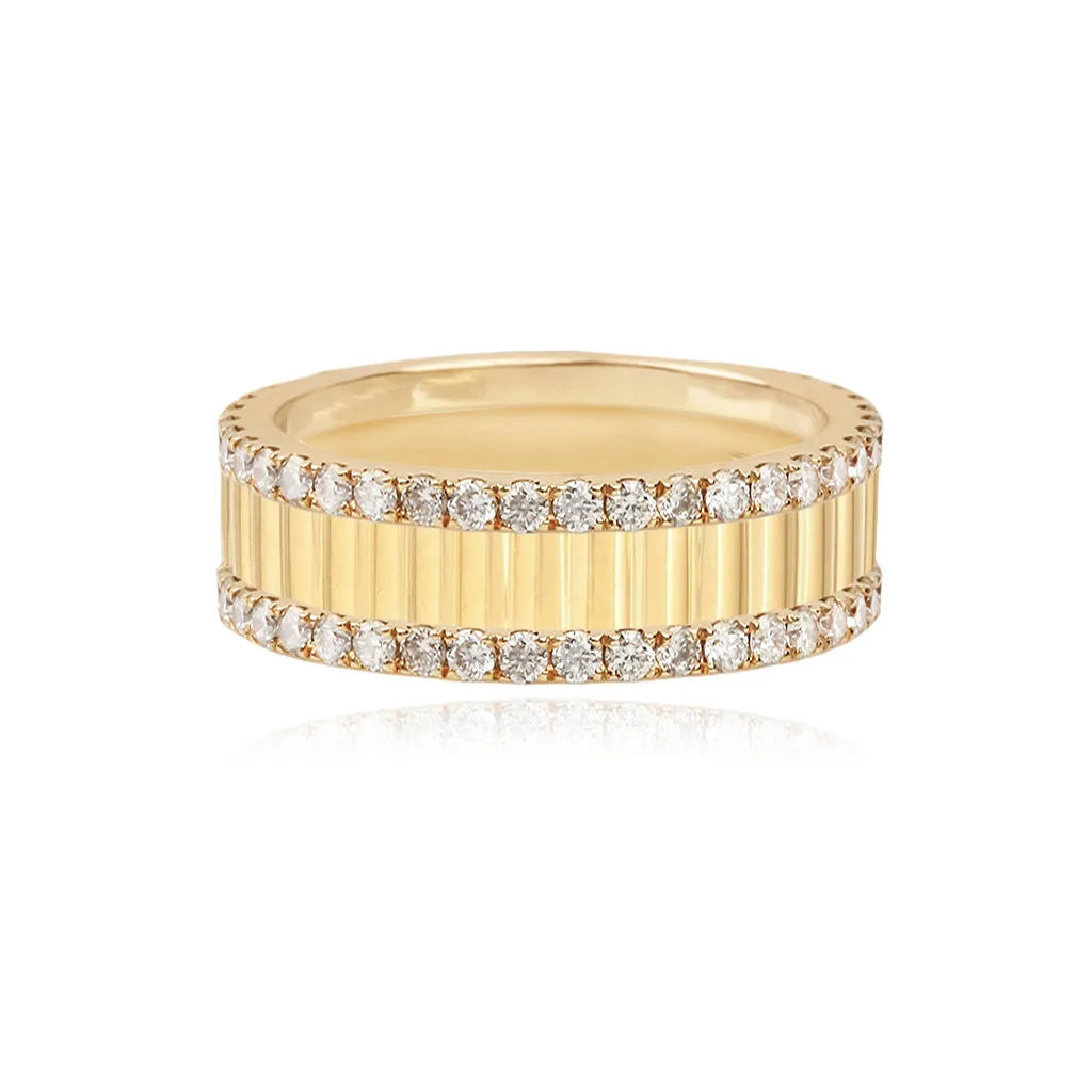 Thick Fluted Gold with Pave Border Wedding Band