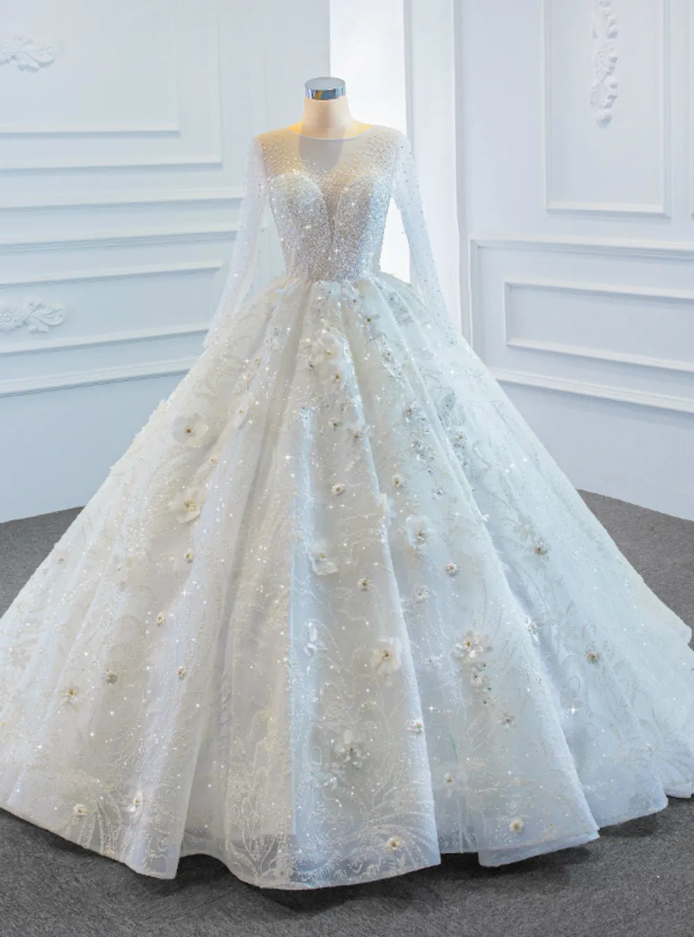 White Ball Gown Tulle Long Sleeve Beading Sequins 3D Flower Wedding Dresses