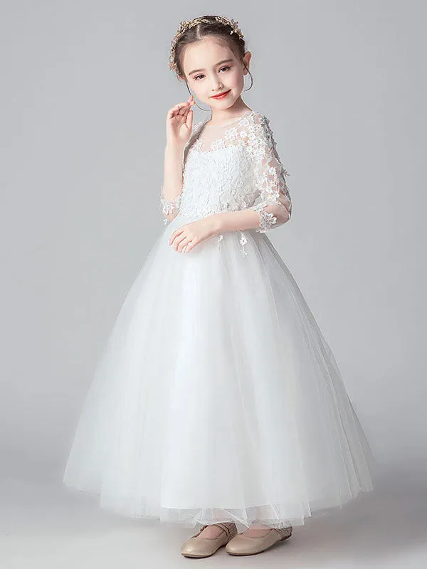 White Jewel Neck Tulle Ankle-Length Princess Dress Cut Out Formal flower girl dresses