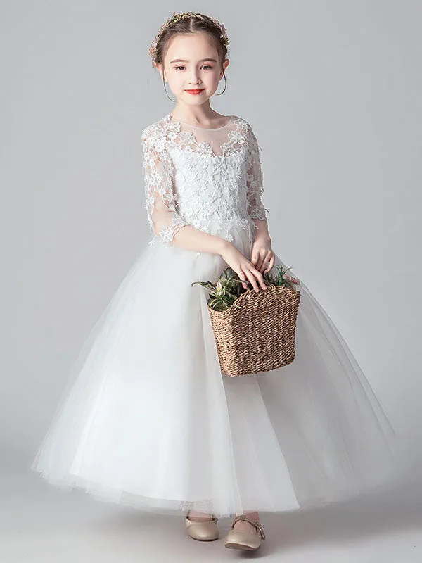 White Jewel Neck Tulle Ankle-Length Princess Dress Cut Out Formal flower girl dresses