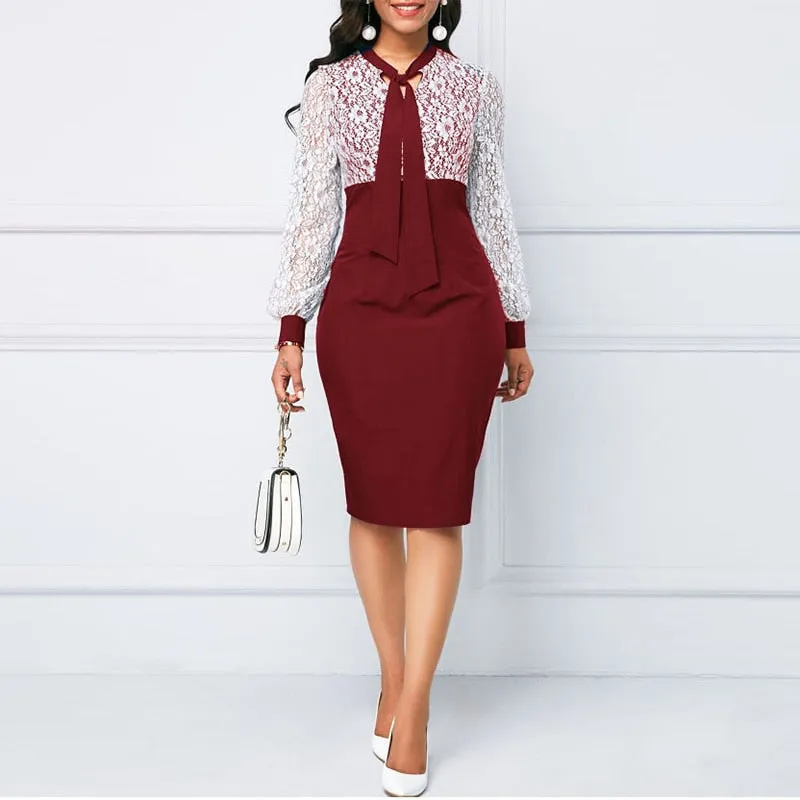 Women's Scarf Collar Bodycon Evening Party Dress Lace Patchwork Evening Knee Length Dress
