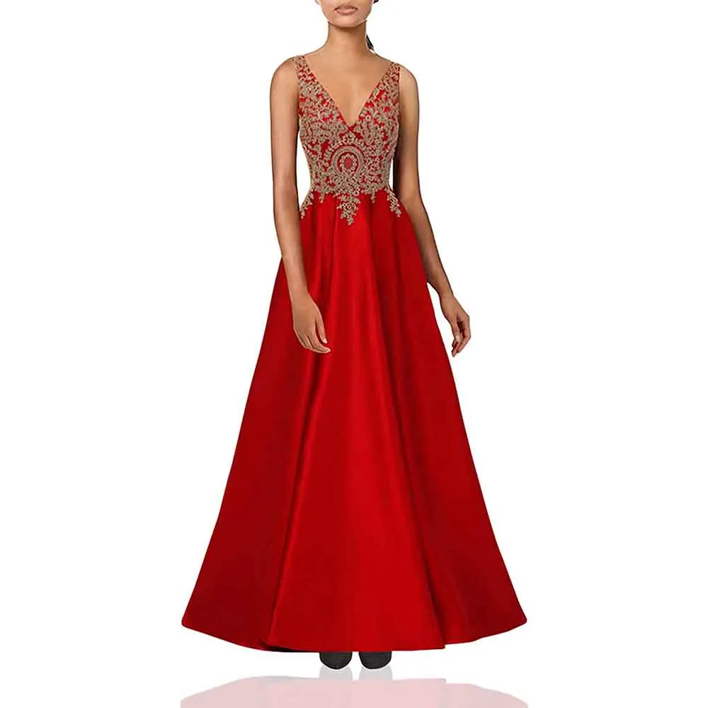 Women's V Neck Appliques Prom Dresses Long Satin Evening Dress Formal Party Gown